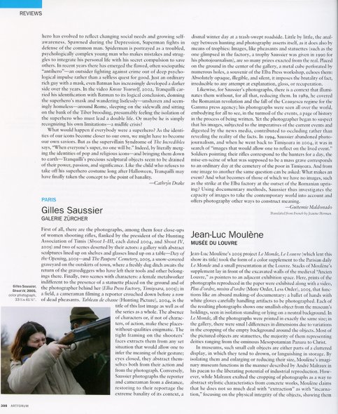<p><strong>Guitemie Maldonado | Art Forum, Reviews | May 2006 | p. 300</strong><br class='manualbr' /><i>Gilles Saussier | Galerie Zürcher Paris</i></p>
<p><i>Little by little, the analogy between hunting and photography asserts itself, as it does also by means of trophies : Images like pheasants and statuettes (such as the one glimped in the factory, a trophy Saussier was given in 1990 for his photojournalism), are so many prizes extracted from the real. Placed on the ground in the center of the gallery, a metal cube perforated by numerous holes, a souvenir of the Elba Press workshop, echoes them : Absolutely opaque, illegible and silent, it imposes the brutality of fact, irreducible to any attempt at explanantion, gloss or recuperation.</i></p>